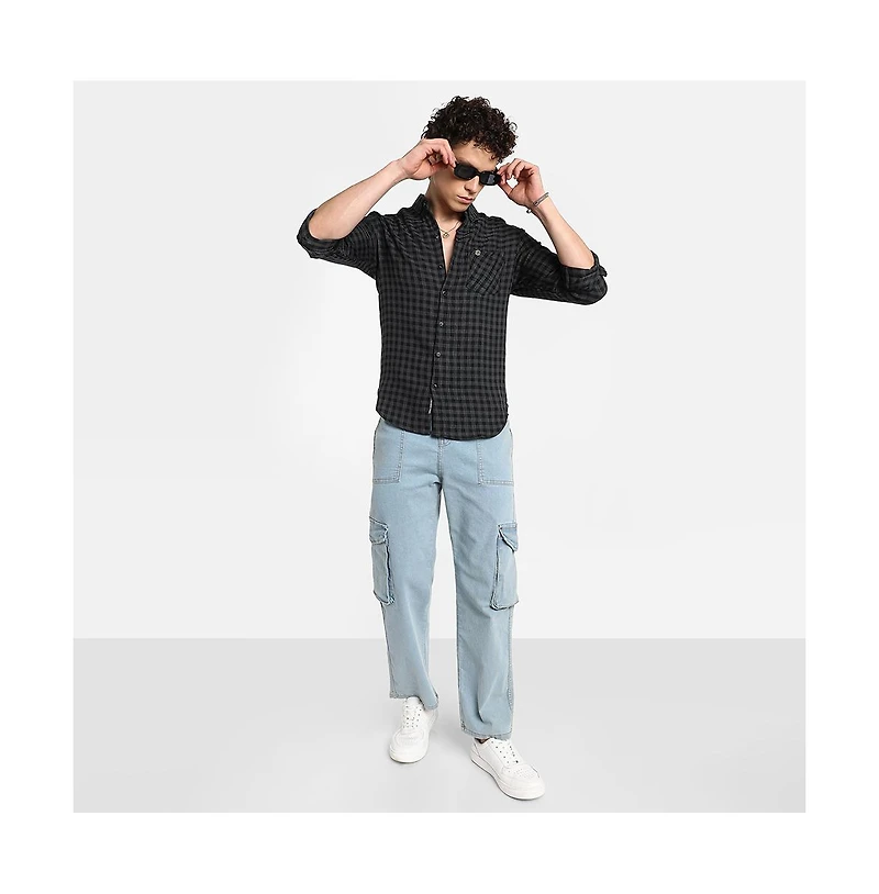 Campus Sutra Men's Charcoal Grey Gingham Shirt