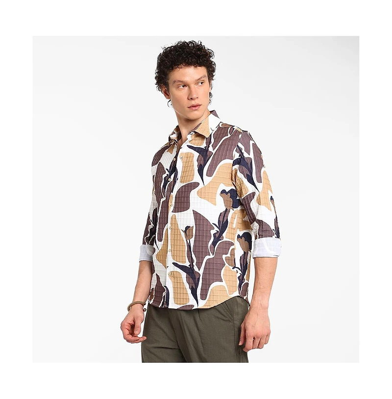 Campus Sutra Men's Taupe Brown & Beige Abstract Tulip Shirt