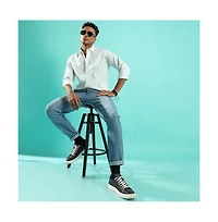 Campus Sutra Men's White Heathered Pinstriped Shirt