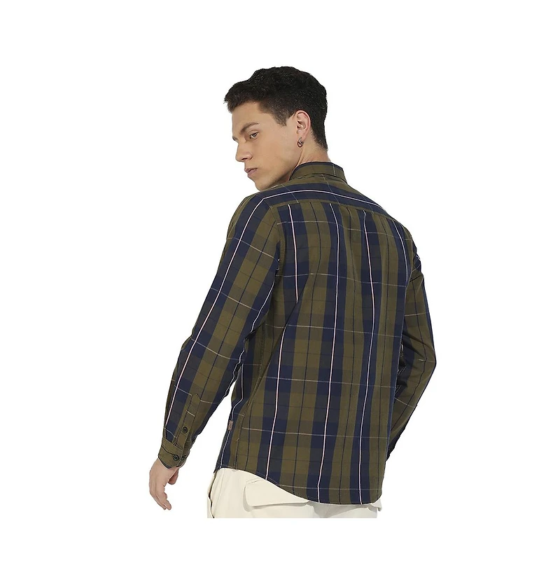 Campus Sutra Men's Olive Green Tartan Plaid Shirt