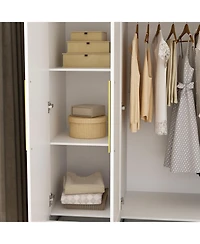Homsee Luxurious white linen 6-door 4-drawer wardrobe with mirror, bedroom Armoire, Closet