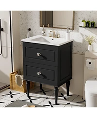 Casainc 24" Bathroom Vanity Cabinet with Ceramic Sink Combo and 2 Drawers, Solid Wood Frame