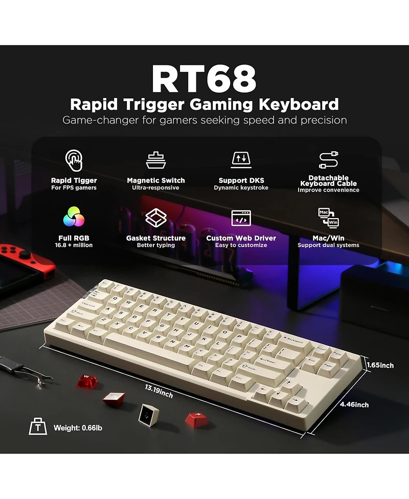 Yunzii RT68 Rapid Trigger Gaming Keyboard,Hall Effect Magnetic Switch,68 Keys,RGB Backlit RGB,Gasket Mount Hot Swap Struture,Adjustable Actuation Tkl
