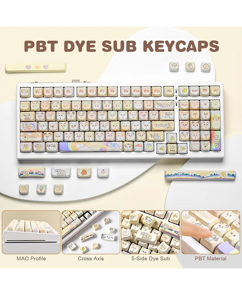 Yunzii Dye-Sub Pbt Keycap Set, Mao Profile, 143 Full Keys Cute Cat Custom Keycaps with Key Puller for Cherry Gateron Mx Switches Mechanical Gaming Key