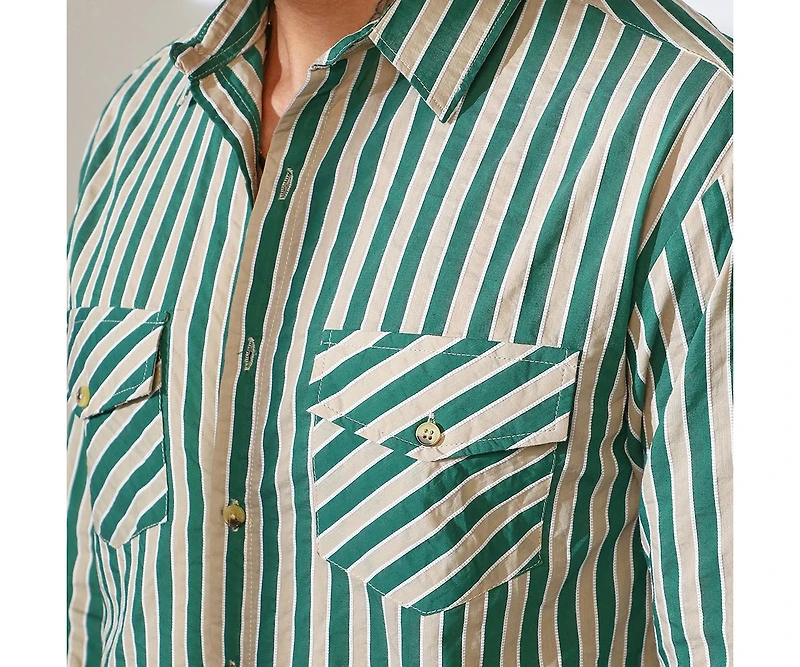 Campus Sutra Men's Forest Green & Khaki Beige Candy Striped Oversized Shirt