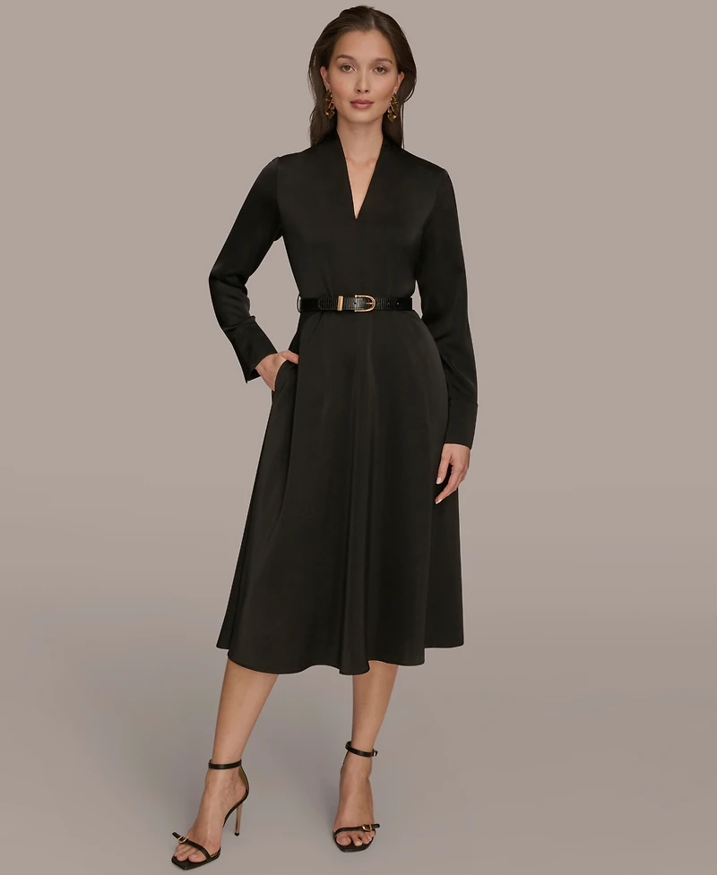 Donna Karan New York Women's Satin V-Neck Belted A-Line Midi Dress