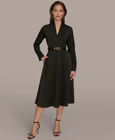 Donna Karan New York Women's Satin V-Neck Belted A-Line Midi Dress