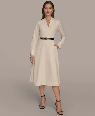 Donna Karan New York Women's Satin V-Neck Belted A-Line Midi Dress