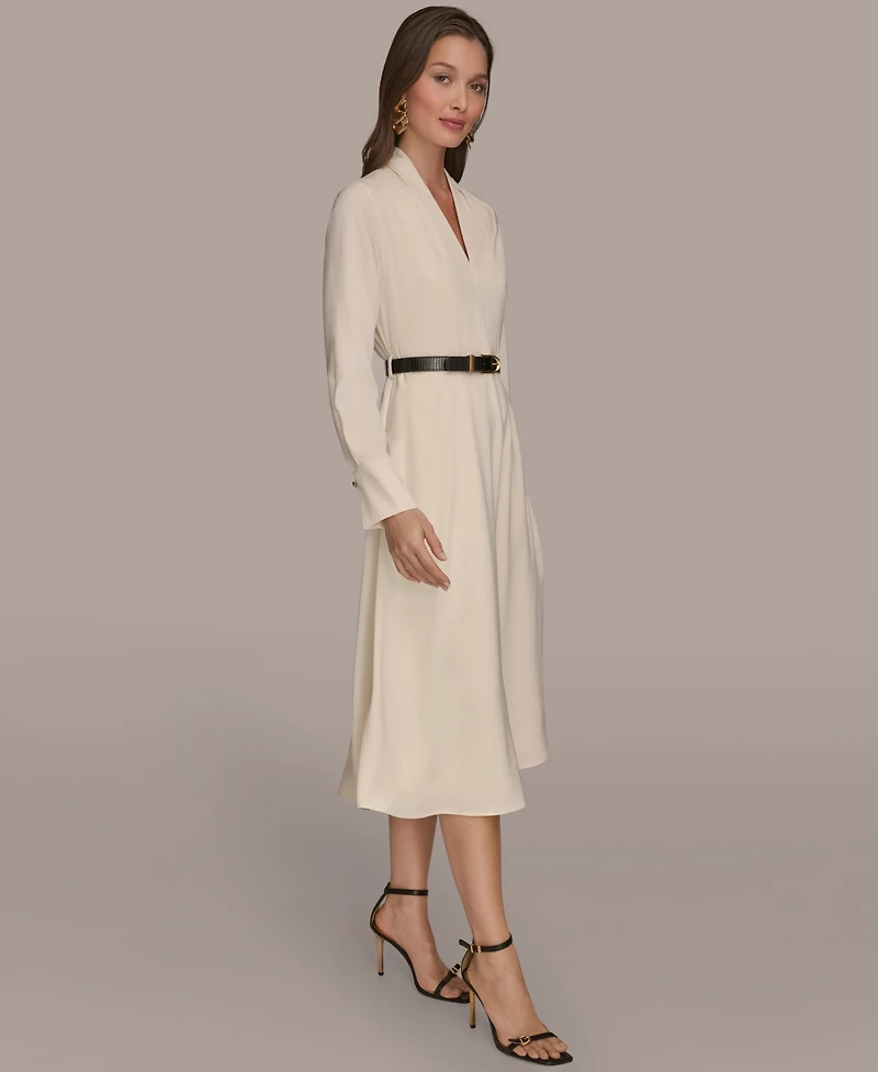 Donna Karan New York Women's Satin V-Neck Belted A-Line Midi Dress