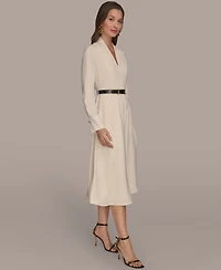 Donna Karan New York Women's Satin V-Neck Belted A-Line Midi Dress