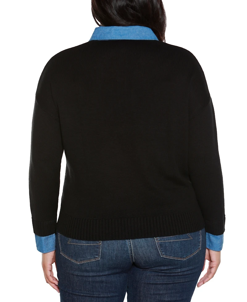 Belldini Plus Denim-Trim Two-Fer Sweater