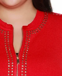 Belldini Plus Crewneck Embellished Zip Cardigan Sweater
