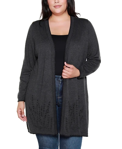 Belldini Plus Embroidered Open-Front Cardigan Sweater