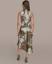 Donna Karan New York Petite Satin Asymmetrical Floral Midi Dress