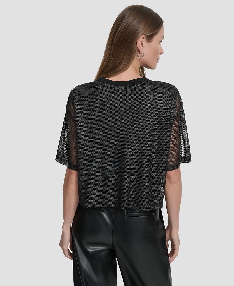 Dkny Women's Short Sleeve Mesh Overlay Logo Knit Top