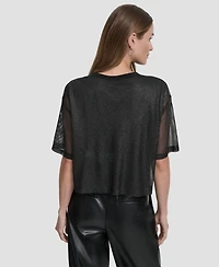 Dkny Women's Short Sleeve Mesh Overlay Logo Knit Top