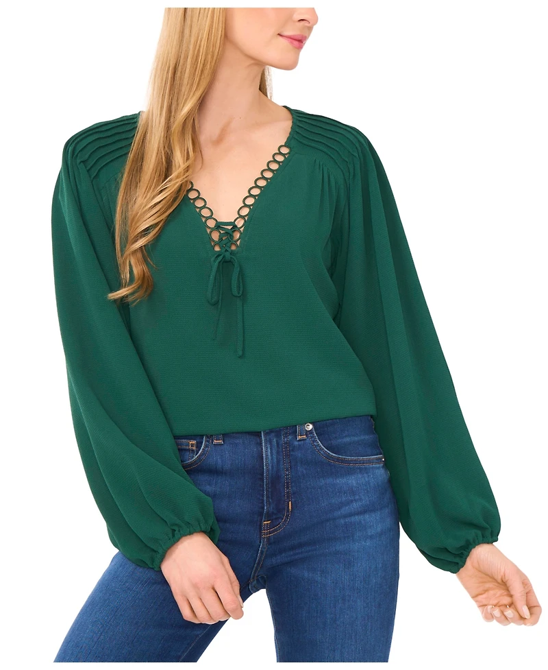 CeCe Women's Circular Trim Pin-Tuck Long Sleeve Blouse