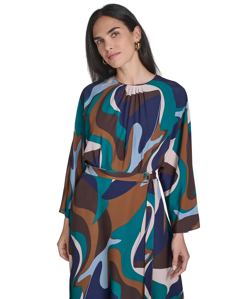 Jessica Howard Petite Crewneck Belted Handkerchief Hem Midi Dress