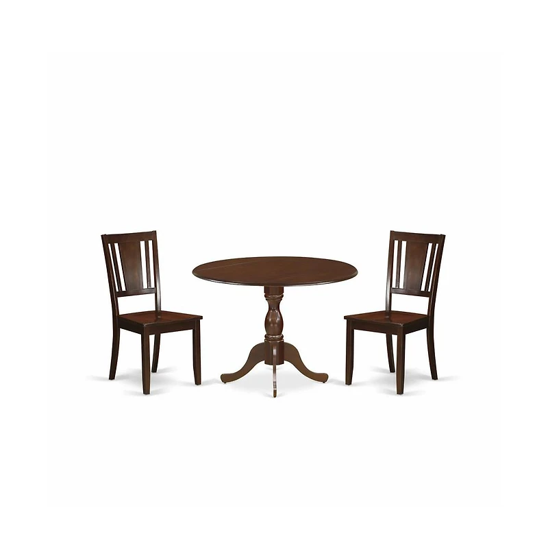 East West Furniture 3 Piece Wood Dining Table Set Contains 1 Drop Leaves Wooden Table and 2 Mahogany Wooden Chairs with Panel Back - Mahogany Finish