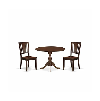 East West Furniture 3 Piece Wood Dining Table Set Contains 1 Drop Leaves Wooden Table and 2 Mahogany Wooden Chairs with Panel Back - Mahogany Finish