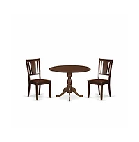 East West Furniture 3 Piece Wood Dining Table Set Contains 1 Drop Leaves Wooden Table and 2 Mahogany Wooden Chairs with Panel Back - Mahogany Finish