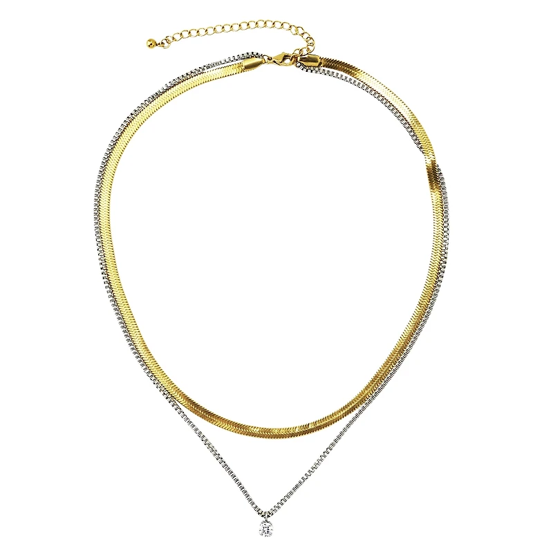 Rebl Jewelry Gold & Silver Layered Necklace with Cz Pendant, Snake and Box Chain with Adjustable Length