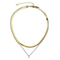 Rebl Jewelry Gold & Silver Layered Necklace with Cz Pendant, Snake and Box Chain with Adjustable Length