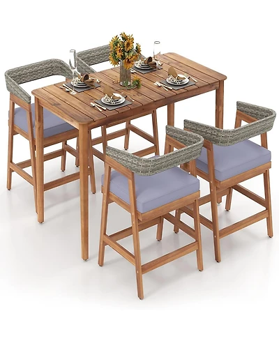 Gymax 5PCS Patio Dining Set Solid Wood Furniture w/ Rattan Backrest & Seat Cushions