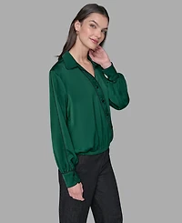Karl Lagerfeld Paris Petite Crossover Woven Long Sleeve Blouse