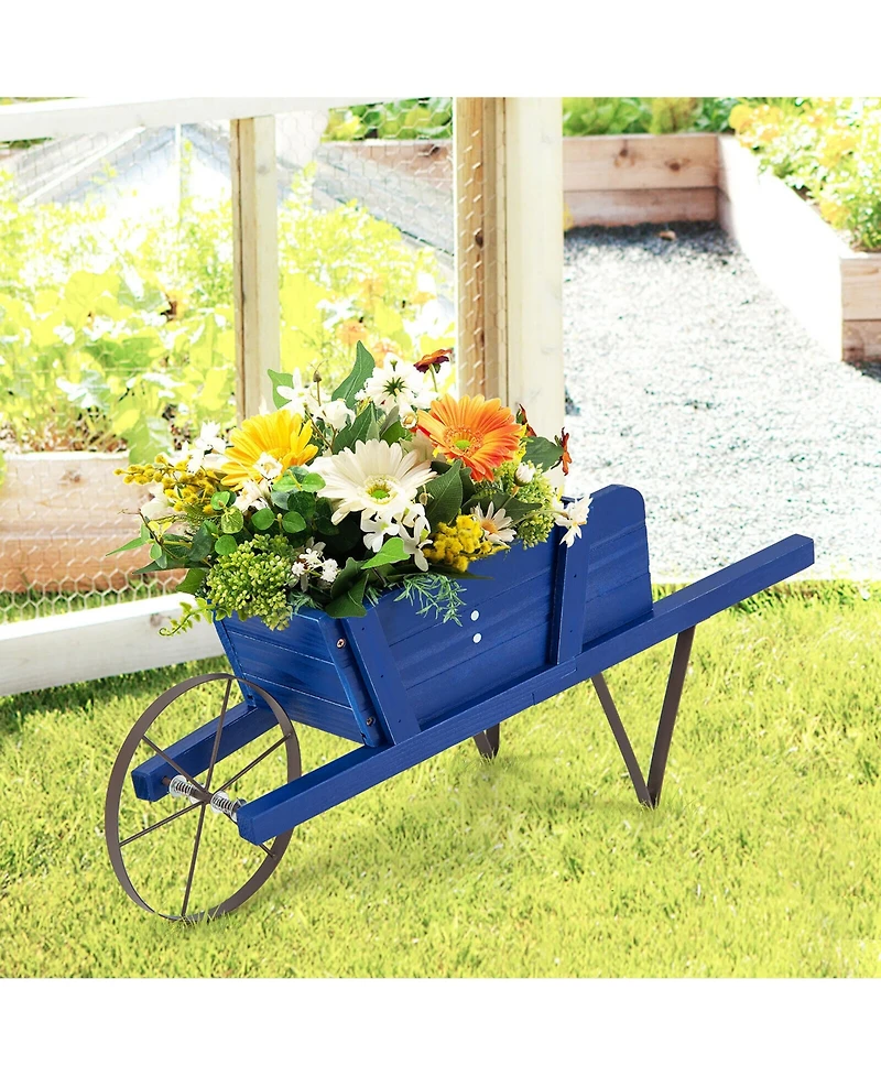 Gymax Wooden Wagon Planter Decorative Indoor/Outdoor Rustic Flower Cart w/Wheel