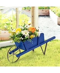 Gymax Wooden Wagon Planter Decorative Indoor/Outdoor Rustic Flower Cart w/Wheel