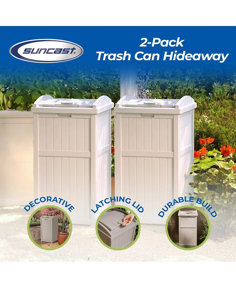 Suncast 30-33 Gallon Deck Patio Resin Garbage Trash Can Hideaway, Taupe (2 Pack)