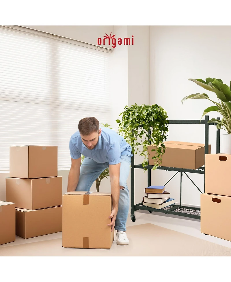 Origami R3 Foldable 3-Tiered Shelf Storage Rack & Wheels, Pewter (2 Pack)