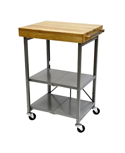 Origami Foldable Wheeled Portable Solid Wood Top Kitchen Island Bar Cart, Silver