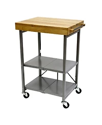 Origami Foldable Wheeled Portable Solid Wood Top Kitchen Island Bar Cart, Silver
