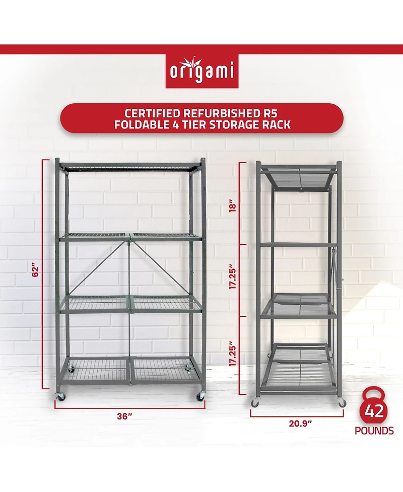 Origami R5 Foldable 4 Tier Storage Rack w/ Wheels, Pewter, Certified Refurbished