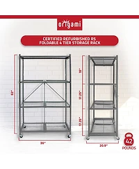 Origami R5 Foldable 4 Tier Storage Rack w/ Wheels, Pewter, Certified Refurbished