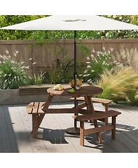 Gymax 6-Person Round Picnic Table Set w/ 3 Built-in Benches 2'' Umbrella Hole