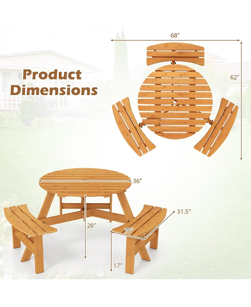 Gymax 6-Person Round Picnic Table Set w/ 3 Built-in Benches 2'' Umbrella Hole