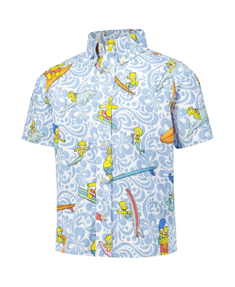 Reyn Spooner Big Boys and Girls Light Blue The Simpsons Cowabunga Button-Up Shirt