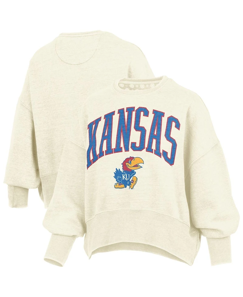 Pressbox Women's Natural Kansas Jayhawks Oversized Waist-Length Crewneck Sweatshirt