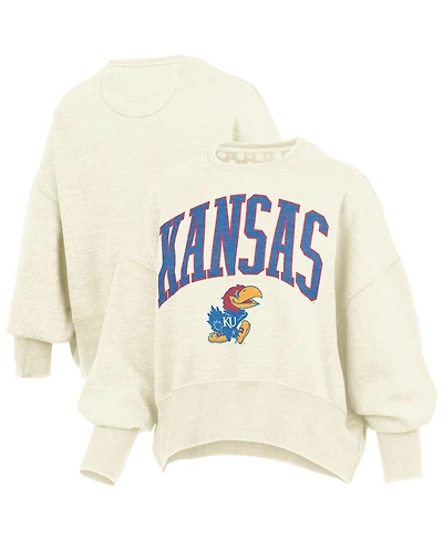 Pressbox Women's Natural Kansas Jayhawks Oversized Waist-Length Crewneck Sweatshirt