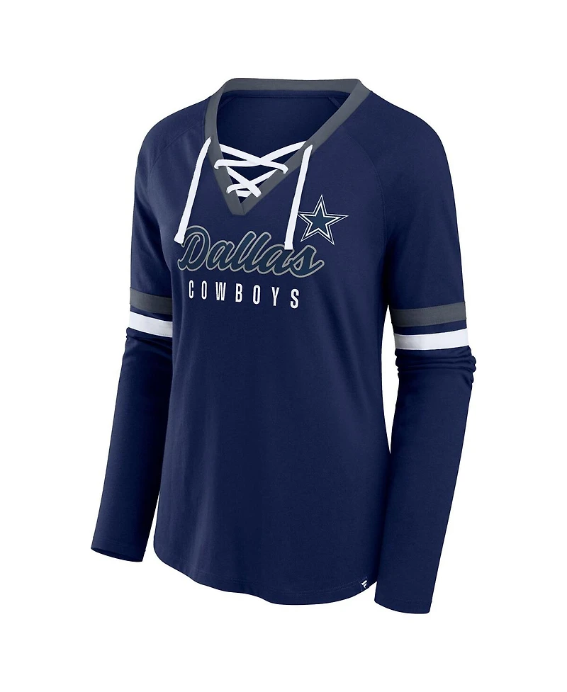 Fanatics Women's Navy Dallas Cowboys Plus Won Done Lace-Up V-Neck Long Sleeve T-Shirt