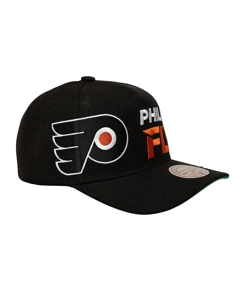 Mitchell & Ness Men's Black Philadelphia Flyers Busted Logo Wordmark Wrap-Around Pro Pinch Adjustable Hat