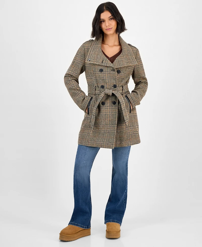 Bcx Juniors' Plaid Funnel-Neck Trench Coat