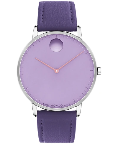Movado Unisex Face Swiss Quartz Plum Leather Watch, 41mm