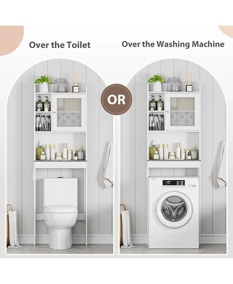 Vanirror White Over The Bathroom Storage Cabinet, Freestanding Wood Space-Saving Organizer with Glass Door & Adjustable Shelves