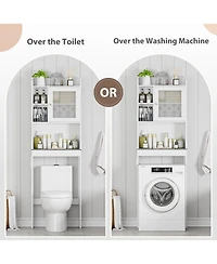 Vanirror White Over The Bathroom Storage Cabinet, Freestanding Wood Space-Saving Organizer with Glass Door & Adjustable Shelves