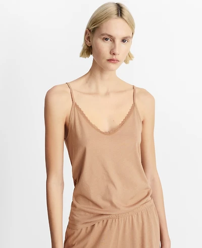 Mango Women's Lace Contrast Cotton Pajama Top