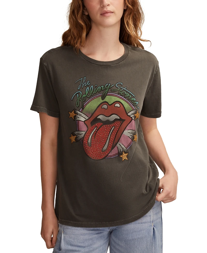 Lucky Brand Women's Rolling Stones Star Lips Boyfriend T-Shirt